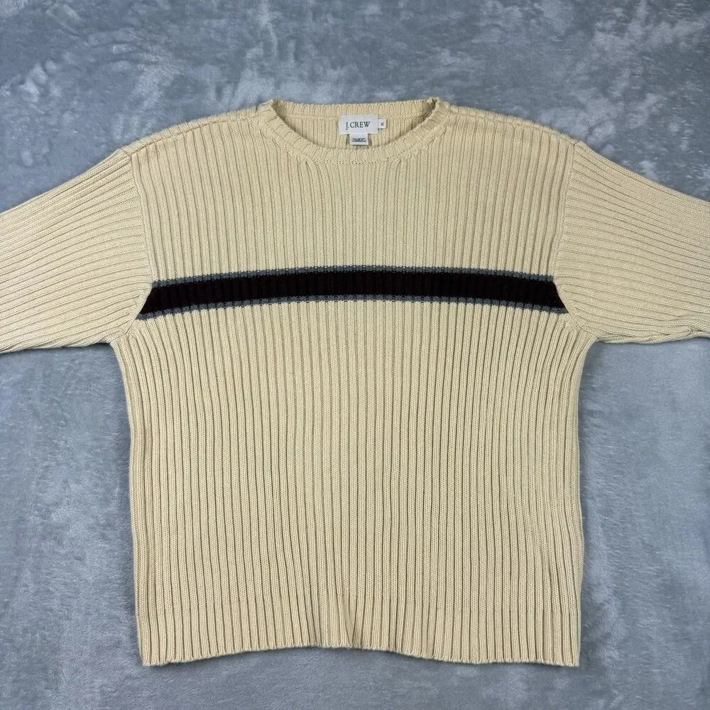 J.Crew Vintage Heavy Cotton Rib Knit Crewneck Sweater Cream Stripe XL Madagascar